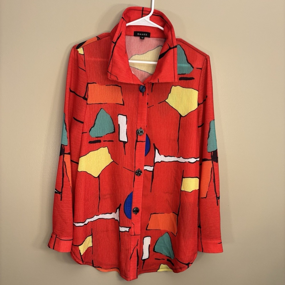 Damee Colorful Abstract Artsy Shirt Medium Button Up Wire Collar‎ Wearable Art